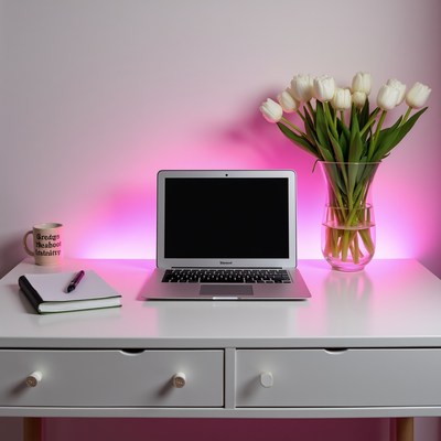 Laptop Desk with Tulips and Coffee Mug