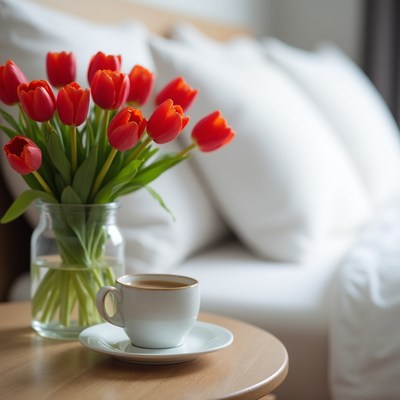 Red tulips, coffee cup on bedside table