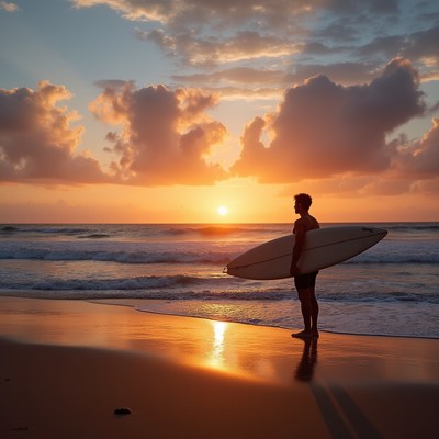 Silhouette surfer holding board at sunset
