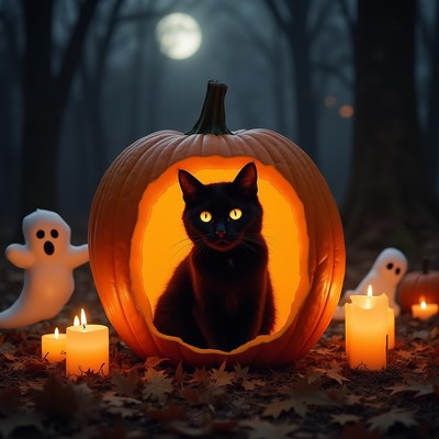 Black cat in jack-o-lantern pumpkin