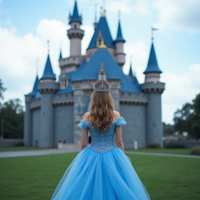 Woman in Blue Cinderella Gown Before Castle
