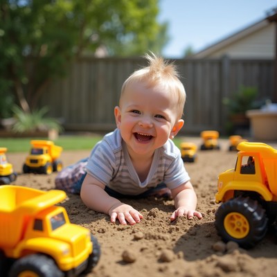 Baby boy playing with toy dump trucks