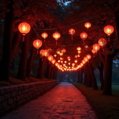 Red Lanterns Hanging Over Autumn Tree Path