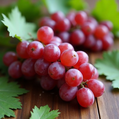 Fresh red grapes with green leaves