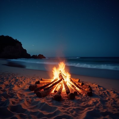 Beach Bonfire at Night