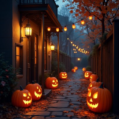 Halloween Pumpkins Lining Pathway