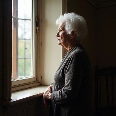 Elderly woman gazing out window