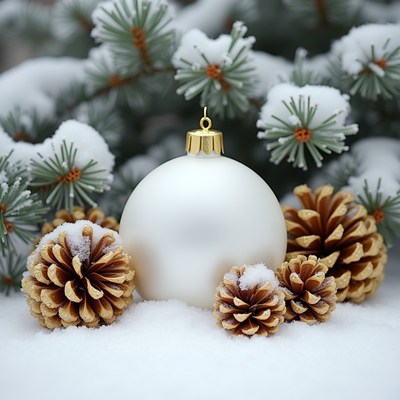 White Christmas Ornament with Pine Cones Snow