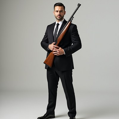 Man in suit holding rifle