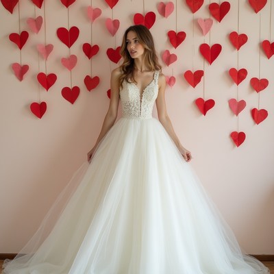 Woman in white lace wedding gown with heart backdrop