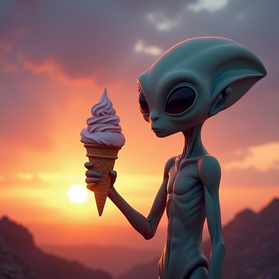 Alien holding pink ice cream cone