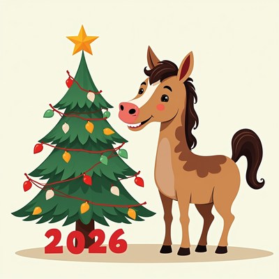 Cartoon Horse Next to Christmas Tree 2026