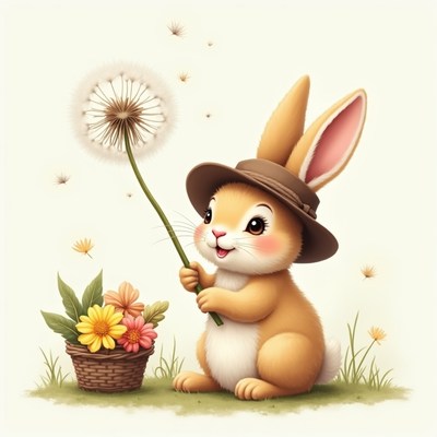 Cute bunny blowing dandelion