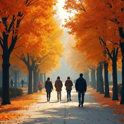 People walking autumn tree-lined path