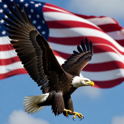 Bald eagle flying over American flag