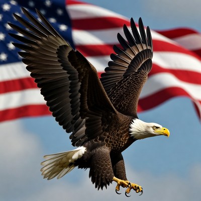 Bald Eagle Flying Over American Flag