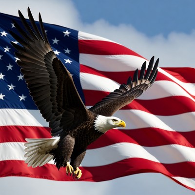 Bald Eagle Flying with American Flag