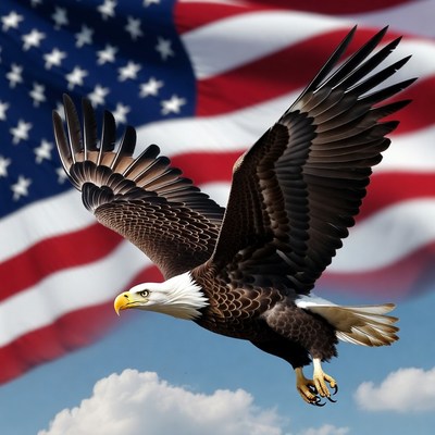 Bald Eagle Flying Over American Flag