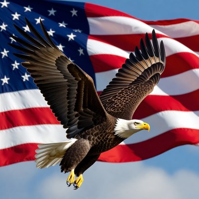 Bald Eagle Flying Over American Flag