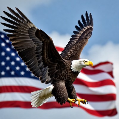 Bald Eagle Flying Over American Flag
