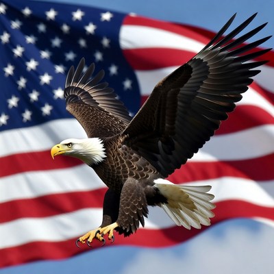 Bald eagle flying over American flag