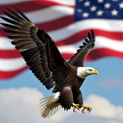 Bald Eagle Flying Over American Flag