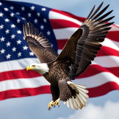 Bald Eagle Flying Over American Flag