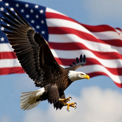 Bald Eagle Flying Over American Flag