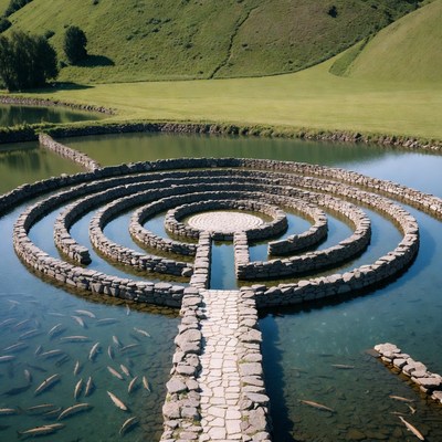 Stone Labyrinth in Pond with Fish