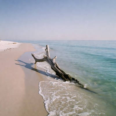 Driftwood on sandy beach by ocean