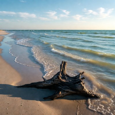 Driftwood on sandy beach