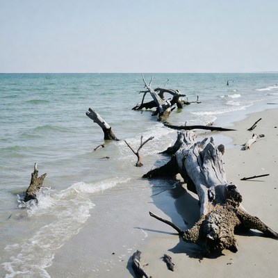 Driftwood on sandy beach shore