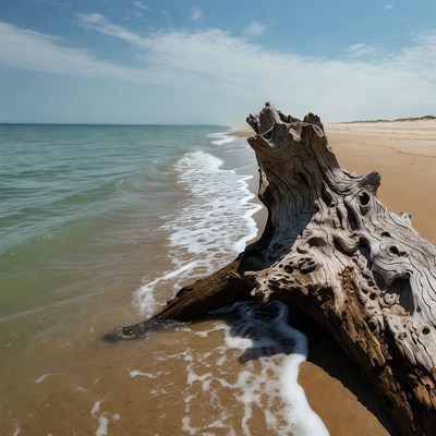 Driftwood on sandy beach by ocean