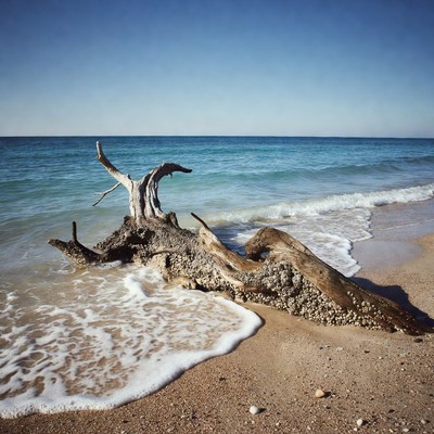 Driftwood on beach with ocean waves