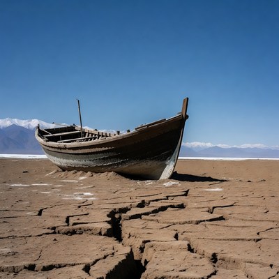 Abandoned Boat on Dry Cracked Lakebed