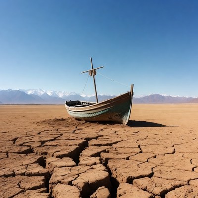 Boat stranded on cracked dry lakebed
