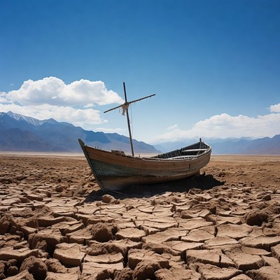 Old Boat on Dry Cracked Lakebed