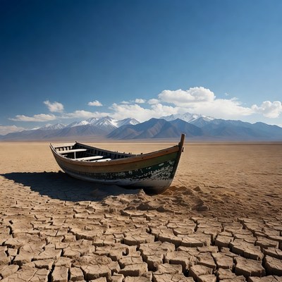 Abandoned Boat on Dry Desert Lakebed