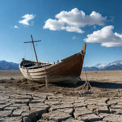 Abandoned Wooden Boat on Dry Lakebed