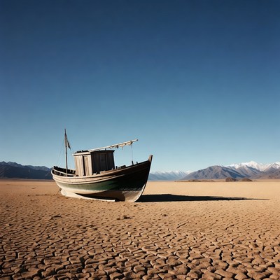 Abandoned Boat on Dry Desert Lakebed