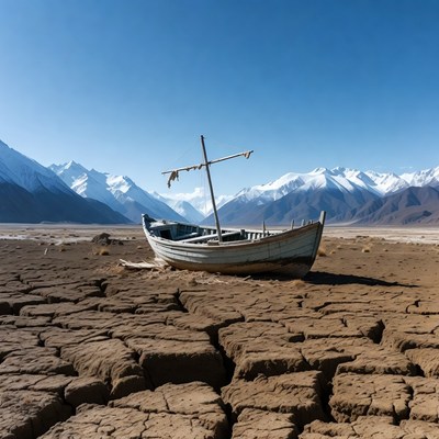 Abandoned Boat on Dry Cracked Lakebed