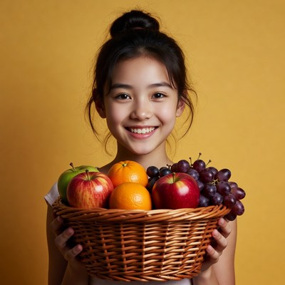 Asian girl holding fruit basket