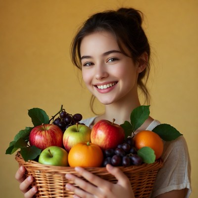 Young woman holding fruit basket