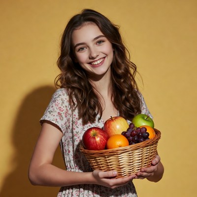 Young woman holding fruit basket