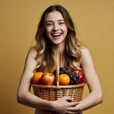 Smiling woman holding fruit basket