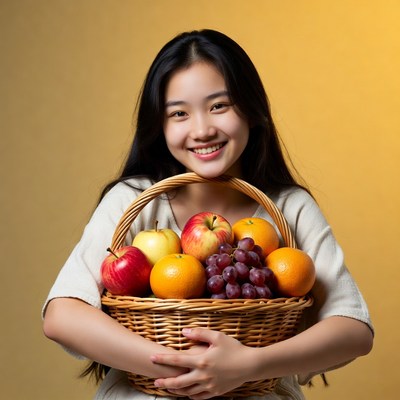 Asian woman holding fruit basket