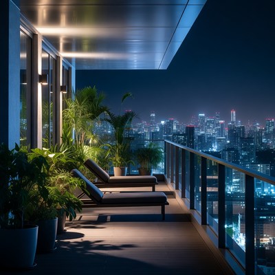 Modern Balcony Overlooking Night City Skyline