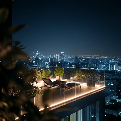 Rooftop Lounge Chairs Night City Skyline