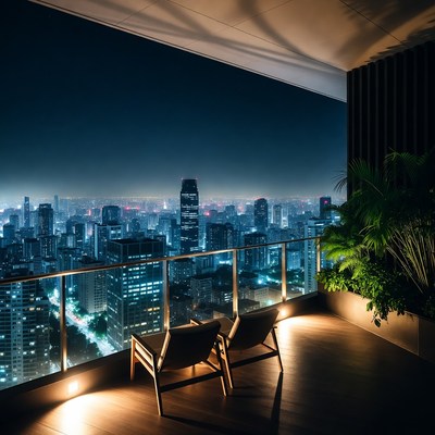 Empty Chairs on Balcony Overlooking Night City Skyline