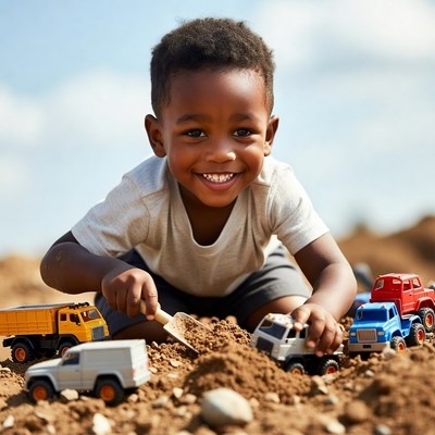 African-American boy playing with toy trucks
